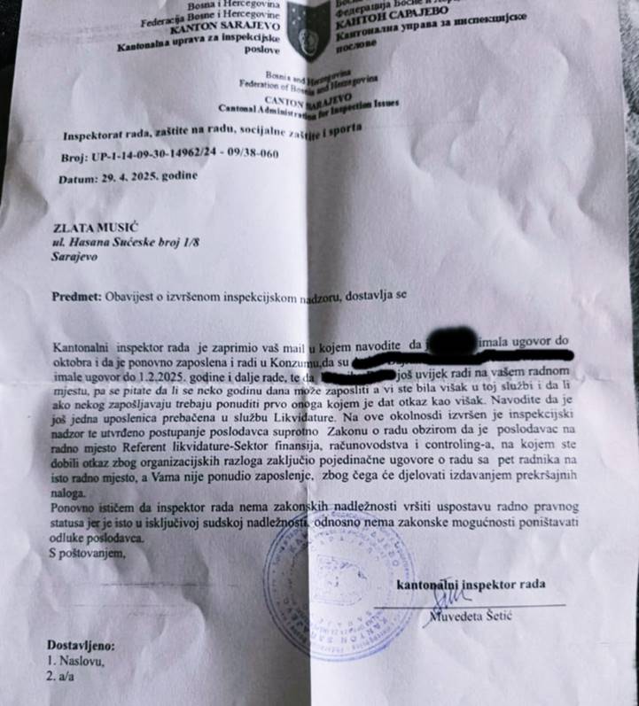 OTPUŠTENA DOK JE BILA U BOLNICI: Inspekcija je utvrdila da Zlata Musić nije tehnološki višak OTPUŠTENA DOK JE BILA U BOLNICI: Inspekcija je utvrdila da Zlata Musić nije tehnološki višak